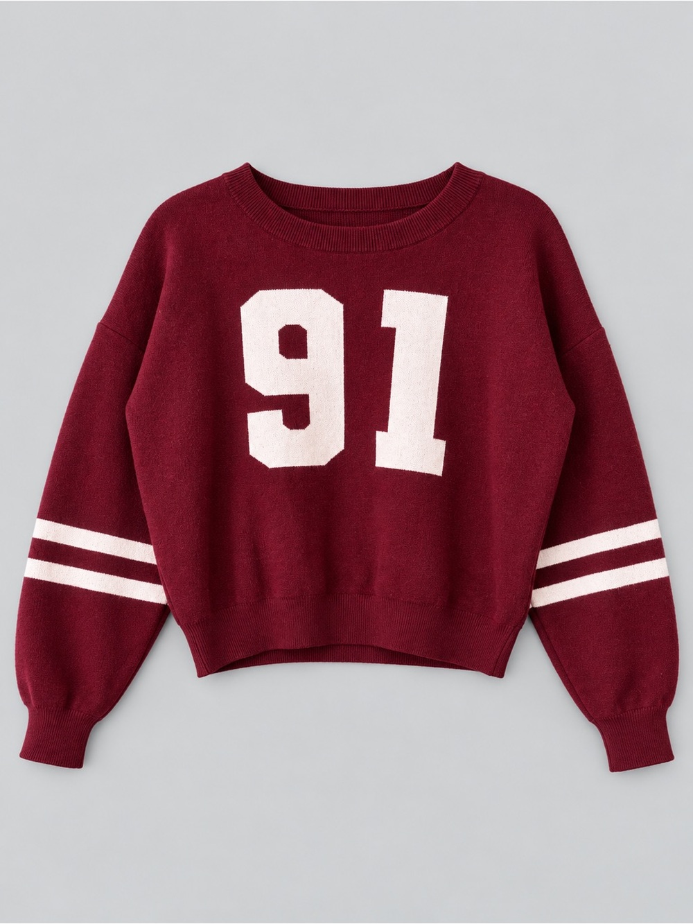 Cropped Crewneck Sweater with '91 Graphic in Maroon